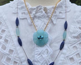 Carved Blue Chalcedony Flower, Chalcedony and Blue Topaz Flower, Flower Necklace, Carved Flower Pendant Necklace, Carved Gemstone Pendant