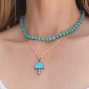 Mushroom Pendant, Turquoise and Diamonds Pendant, Turquoise Necklace, Mushroom Charm, Diamond Mushroom Pendant, Gemstone Mushroom Necklace
