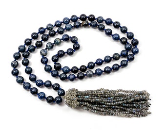 Knotted Dumorite and Labradorite Tassel Necklace