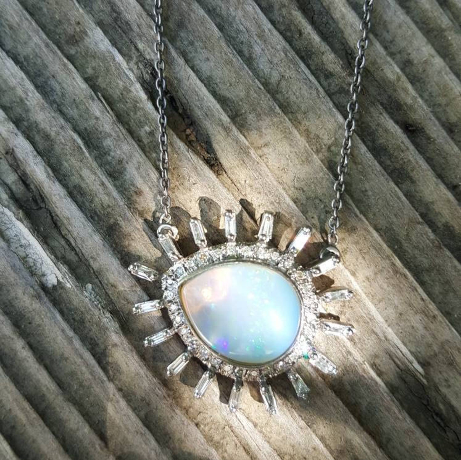 Genuine Ethiopian Opal and Lab Diamond Silver Teardrop Halo Necklace