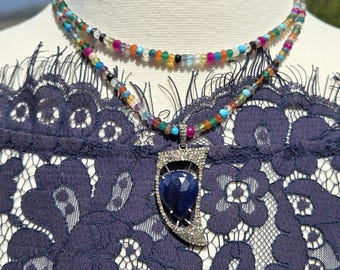 Blue Sapphire Necklace, Sapphire and Diamond Necklace, Sapphire Pendant, Multi Gemstone Necklace, Long Gemstone Necklace, Colorful Necklace