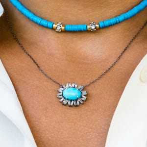 Turquoise and Diamonds Pendant, Turquoise Pendant, Turquoise Necklace, Diamond Baguette, Starburst Pendant, Diamond and Turquoise Pendant