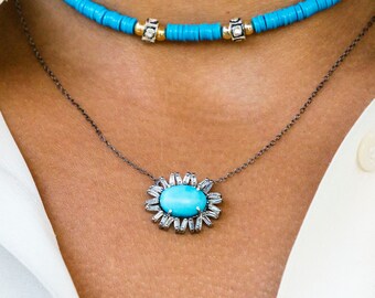 Turquoise and Diamonds Pendant, Turquoise Pendant, Turquoise Necklace, Diamond Baguette, Starburst Pendant, Diamond and Turquoise Pendant