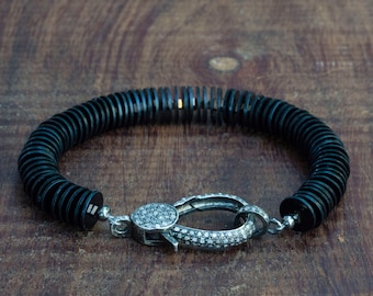 Black African Vinyl Beads Bracelet - Pave Diamond Clasp - Pave Diamonds - Tribal Beads - Tribal Jewelry - Modern Tribal - Stackable Bracelet