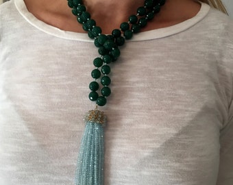 Handknotted Green Agate Necklace - Blue Topaz Tassel Necklace - Tassel Necklace - Gemstone Necklace - Statement Necklace - Wire Crochet