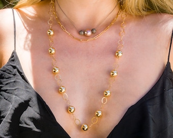 Gold Chain Necklace, Gold Beads Necklace, Long Gold Necklace, Layering Gold Necklace, Everyday Jewelry, Minimalist Jewelry, Long Gold Chain