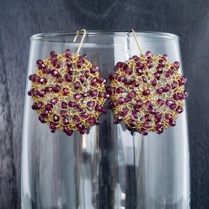Garnet Gold Wire Crochet Earrings - Garnet Earrings - Wire Crochet Jewelry - Gemstone Earrings - Long Earrings - One-of-a-kind Earrings