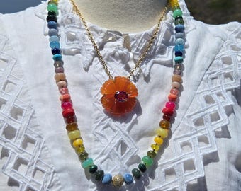 Carnelian Flower Pendant, Flower Necklace, Carnelian Flower Necklace, Carved Flower Necklace, One-of-a-kind Jewelry, Carved Gemstone Pendant