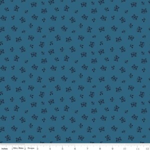 May include: A blue fabric with a repeating pattern of raccoon faces and small leaf designs. The fabric is a dark blue color with black outlines for the raccoon faces and leaves.