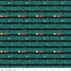May include: Teal fabric with a repeating pattern of black witches, brooms, moons, bats, and pumpkins. The fabric is designed for quilting and crafting.