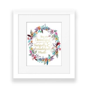 Girl Nursery Art, Instant Download, Beautiful, Fearfully & Wonderfully Made, Floral, Girly, Girl Room Art, Psalm 139:14, Pink, Purple, Gold