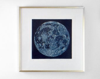 Blue moon etching print, Full moon wall decor