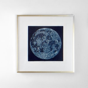 Blue moon etching print, Full moon wall decor