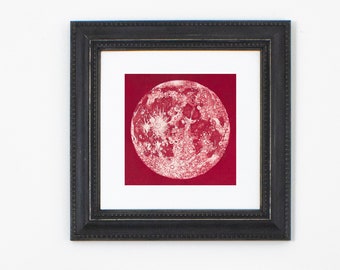 Red moon giclee print, Full moon wall decor