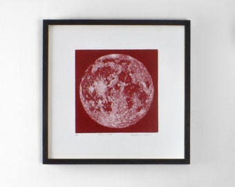 Red moon etching print, Full moon wall decor