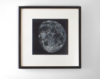 Black moon wall art, gibbous moon etching print
