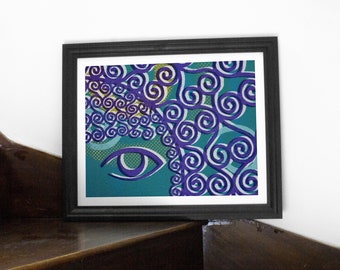 Teal wall art, modern abstract, minimal portrait, contemporary print, living room decor, home office wall decor