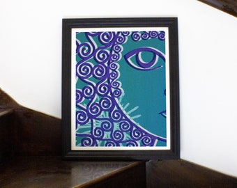 Teal abstract art, minimal face wall decor for room or stairway