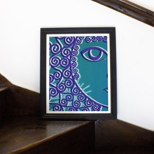 Teal abstract art, minimal face wall decor for room or stairway