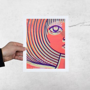 May include: A colorful abstract portrait of a person with a large eye and a flower in their hair. The background is a mix of orange, yellow, and blue.