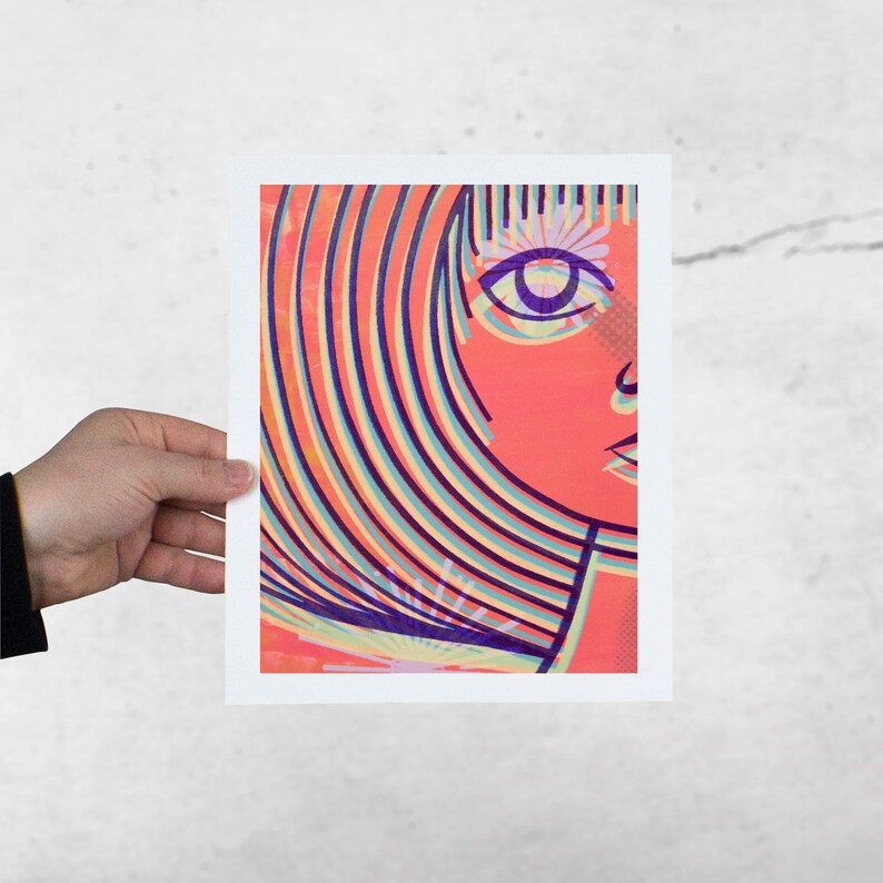 May include: A colorful abstract portrait of a person with a large eye and a flower in their hair. The background is a mix of orange, yellow, and blue.