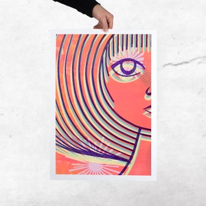 May include: A colorful abstract portrait of a person with a large eye and a pink and orange background. The person's hair is made up of colorful stripes.