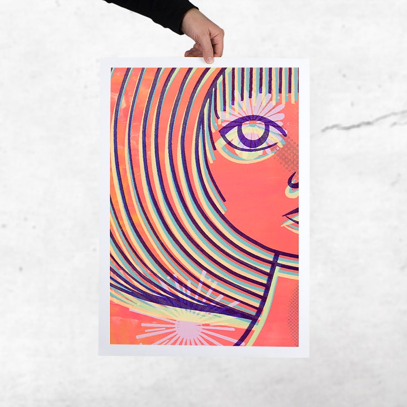 May include: A colorful abstract portrait of a person with a large eye and a pink and orange background. The person's hair is made up of colorful stripes.