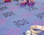 Blue heavy weight cotton fabric hand dyed, hand printed with ellipse pattern in dark blue and pink