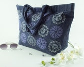Dark blue canvas travel bag, shopping bag, beach bag, hand luggage bag,  hand dyed and screen printed both sides with retro flower design