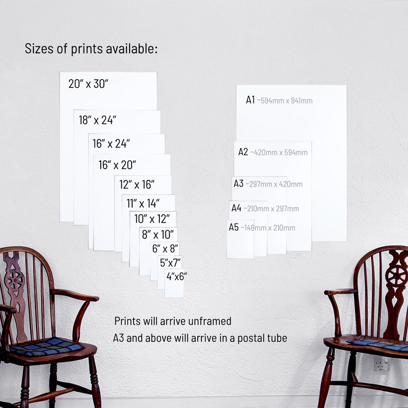 May include: A white wall with a list of sizes for prints available in inches and millimeters. The sizes range from 4x6 inches to 20x30 inches. The text also states that prints will arrive unframed and that sizes A3 and above will arrive in a postal tube.