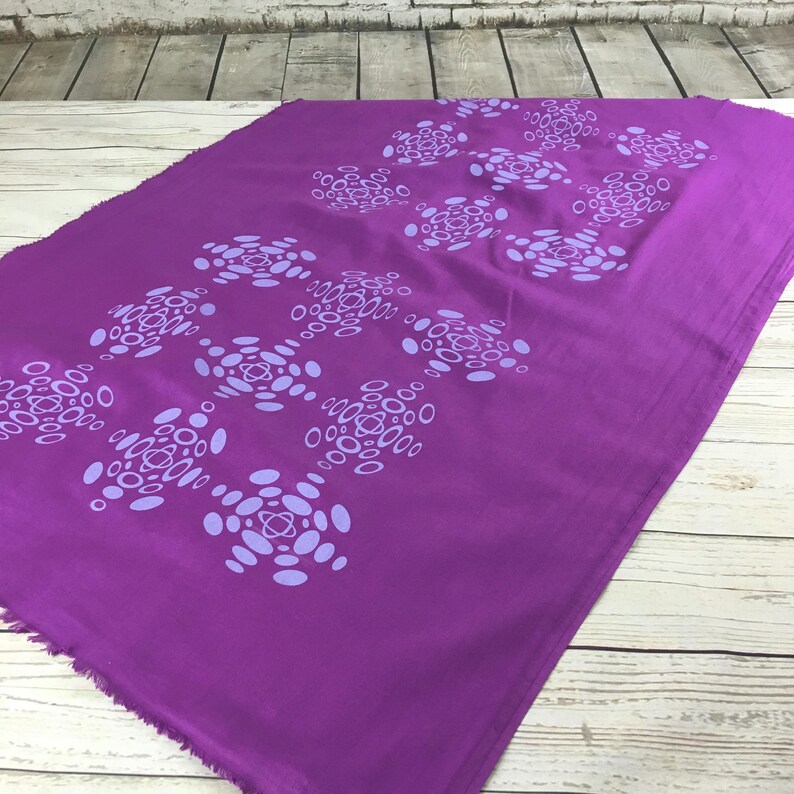 Purple fabric piece hand dyed handprinted scandi style patterned screen print fabric for quilting sewing bags upholstery crafting fabric