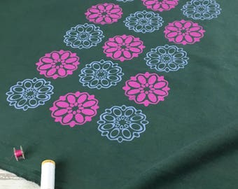 Retro fabric dark green cotton calico material hand dyed & handprinted pink and lilac 60s flowers natural cotton for sewing or crafting