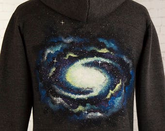 Galaxy hoody space hoodie hand painted galaxy swirl with stars grey hooded zip up hoodie for him gift for her clothing gift stars universe