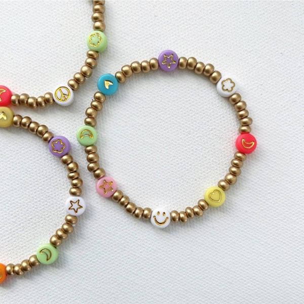 Trendy Symbol Letter Beaded Fun Colorful Stretchy Stackable Gold Bracelet Hearts Stars Moons Flower Peace Sign Jewelry for Kids