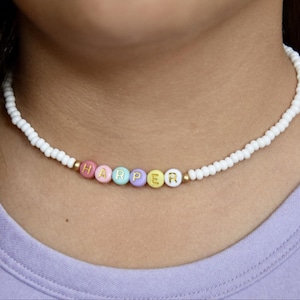 Multi Color Kids Name Necklace for Girls Gift Beaded Personalized Stretch Jewelry for Toddler Custom Gifts for Daughter Tween Letter Beads