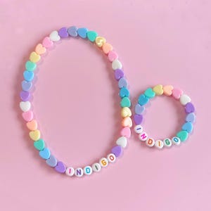 Rainbow Hearts Girls Letter Bead Bracelet Necklace Matching Set Personalized Custom Name Gift for Kids Jewelry for Toddlers Bracelet Stretch