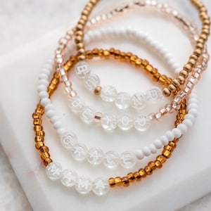 Clear Letter Bead Personalized Name Bracelet, Custom Beaded Word Stretch Bracelets