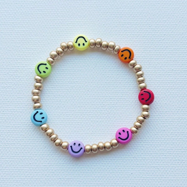 Rainbow Colorful Smiley Face Stacking Bracelet  Beaded Stack Smile Bracelet Beads Stretchy Smiley Face Jewelry