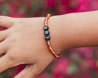 Kids Name Bracelet Personalized with Black Letter Beads Stretch Boys Beaded Name Bracelets Jewelry for Toddler Boys and Girls