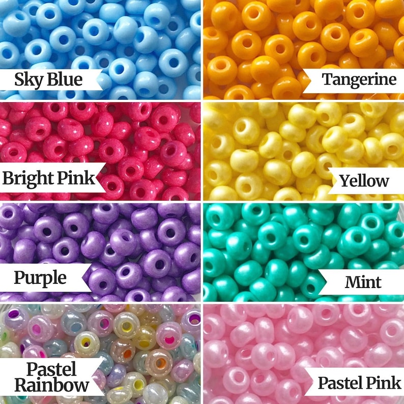 May include: Assortment of colorful seed beads in various shades of blue, pink, purple, yellow, green, and rainbow.  The beads are small and round, perfect for jewelry making or crafting.