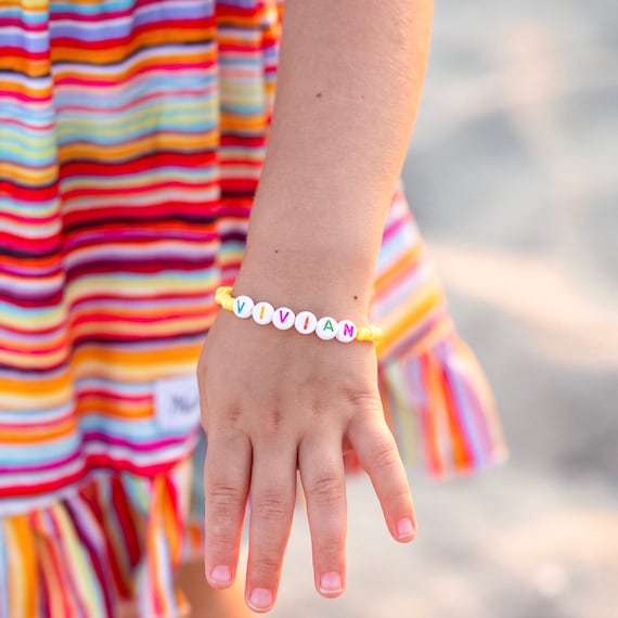 Custom 4 mm Gold Beaded Rainbow Letter Bracelet | Camp Collection Youth - 6 Inches