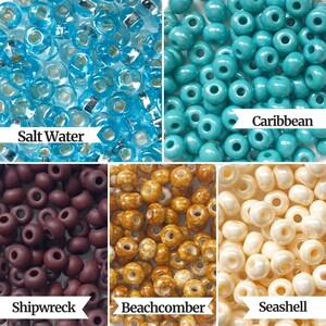 May include: Assortment of seed beads in various colors, including turquoise, brown, beige, and light blue. The beads are labeled "Caribbean", "Shipwreck", "Beachcomber", and "Salt Water".