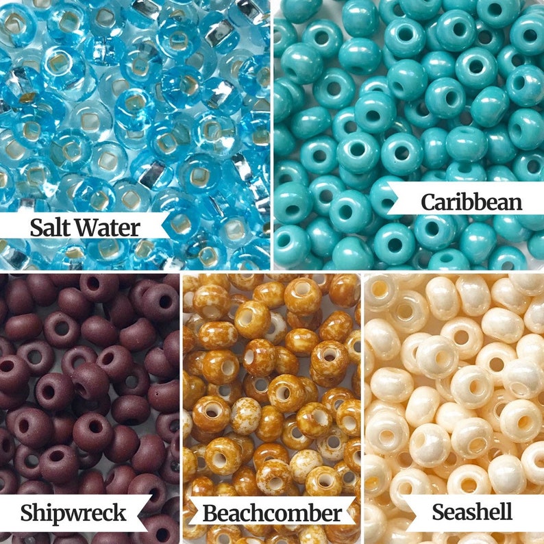 May include: Assortment of seed beads in various colors, including turquoise, brown, beige, and light blue. The beads are labeled "Caribbean", "Shipwreck", "Beachcomber", and "Salt Water".