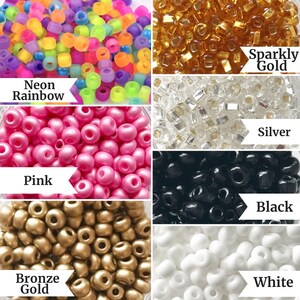 May include: Assortment of colorful seed beads in various colors, including neon rainbow, pink, bronze gold, sparkly gold, silver, black, and white.
