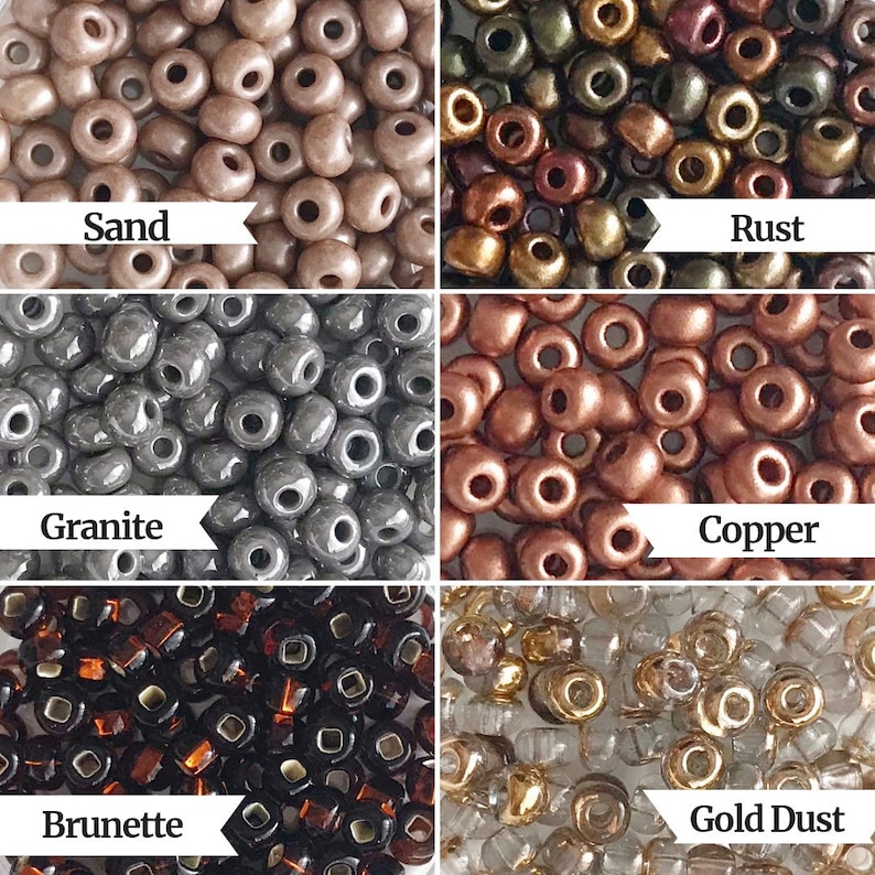 May include: Assortment of seed beads in various colors, including sand, rust, granite, copper, brunette, and gold dust.