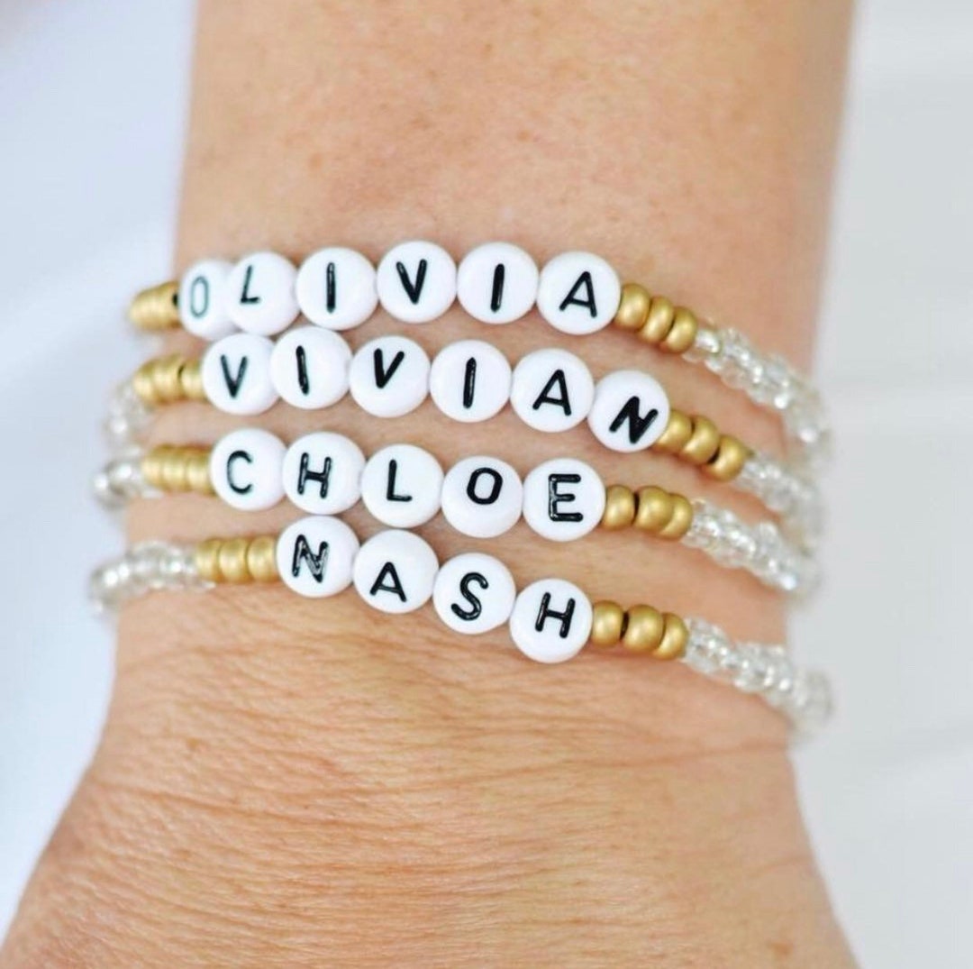Stretch Beaded Name Bracelet Mom Friend Gift Custom Personalized Mama ...
