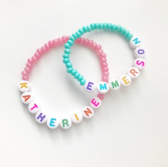 Customized Stretch Beaded Bracelets Kids - Black Beads White Letters
