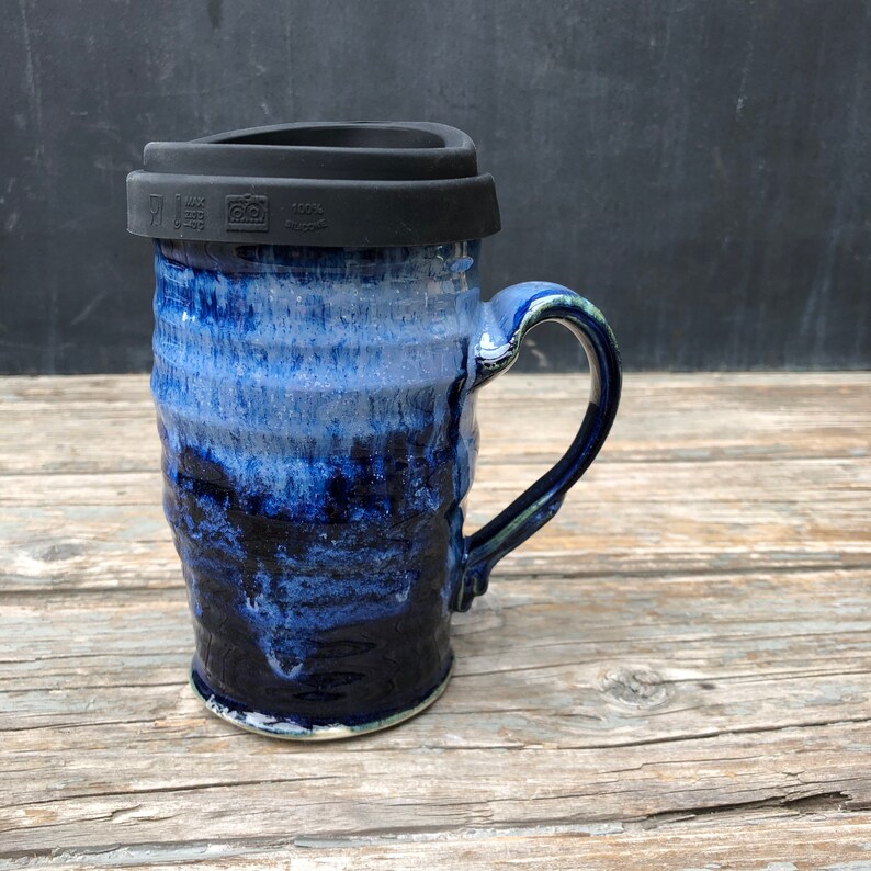 Pottery Travel Mug Blue Ceramic Togo Cup With Lid & Handle Etsy
