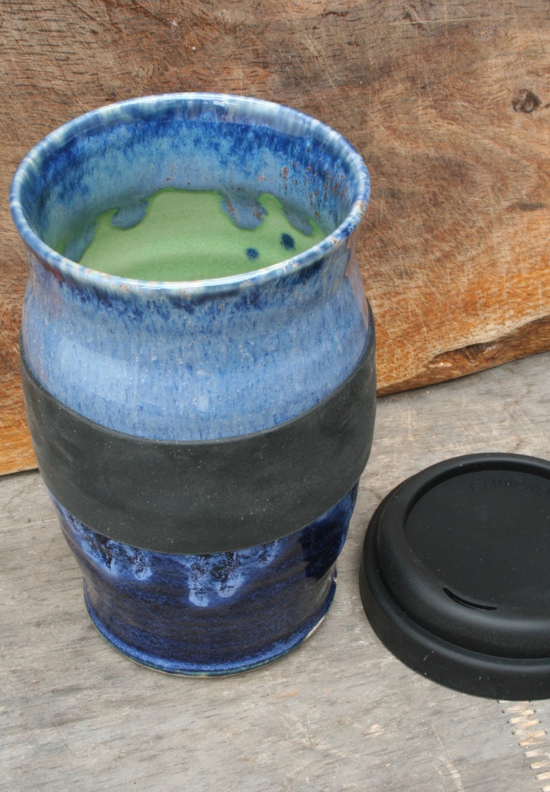 Pottery travel mug Blue ceramic togo cup with silicon lid. Etsy