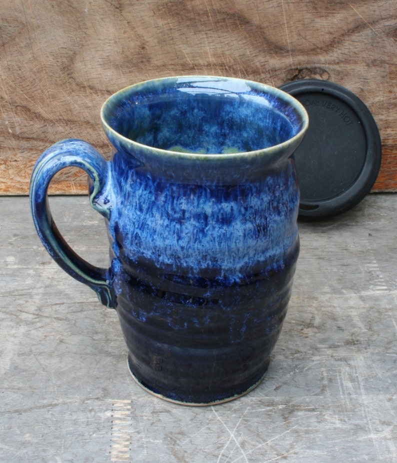 Pottery Travel Mug Blue Ceramic Togo Cup With Lid & Handle Etsy